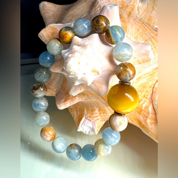 LEMURIAN AQUATINE + YELLOW TIGERS NATURAL STONES BRACELET size 7” - Picture 1 of 10